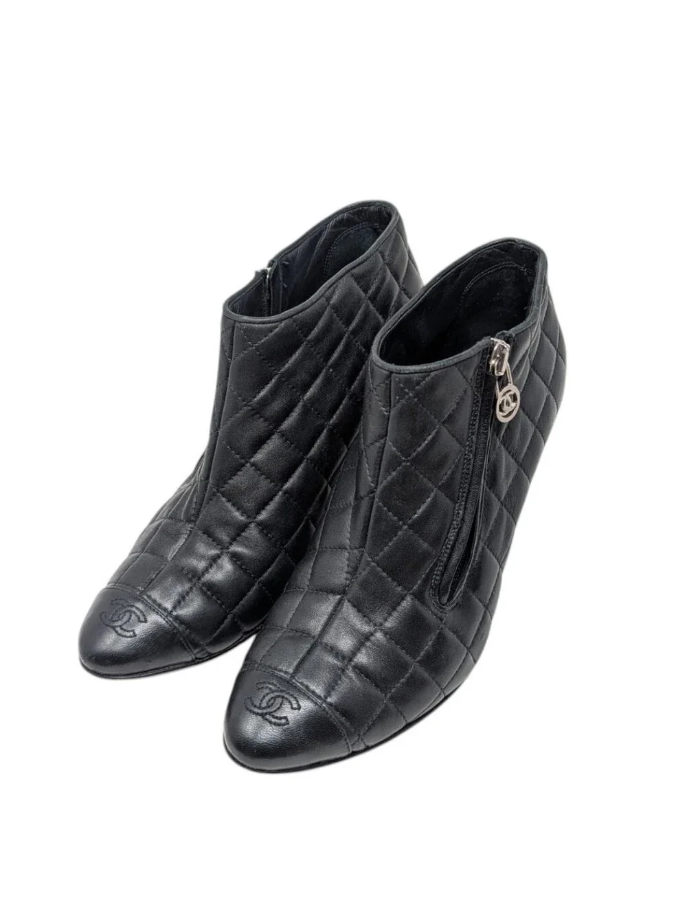 Chanel Black Quilted Leather Interlocking CC Heeled Bootie Boot Size EU 39